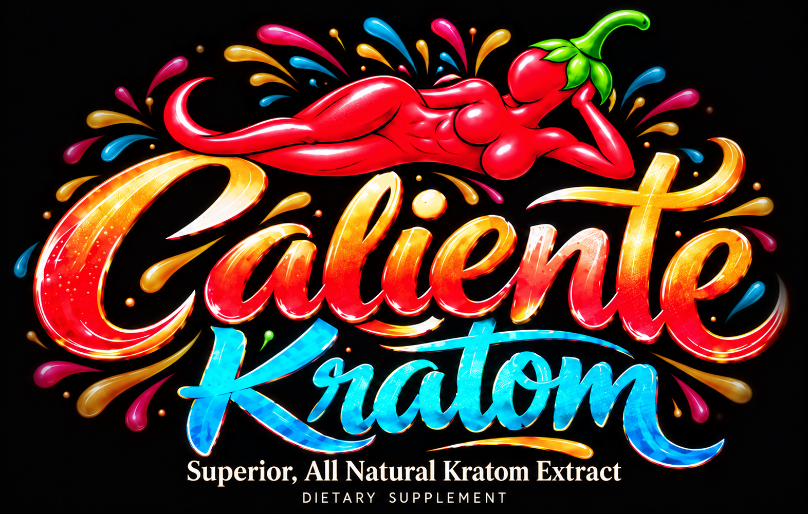 Caliente Kratom — chili-pepper woman and colorful Caliente lettering